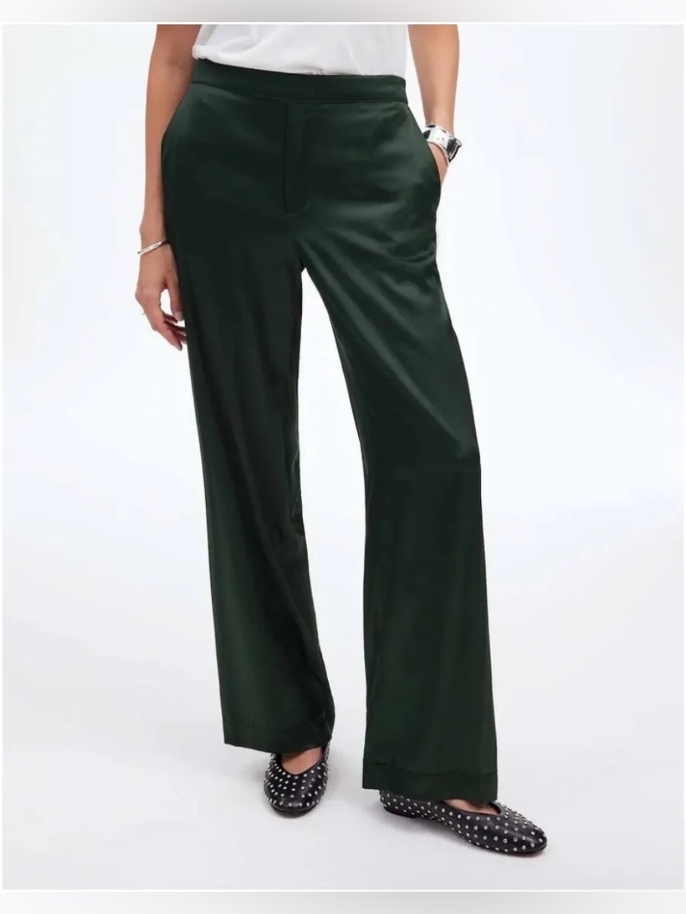 Madewell Green Satin Pull On Straight Pants Size Medium